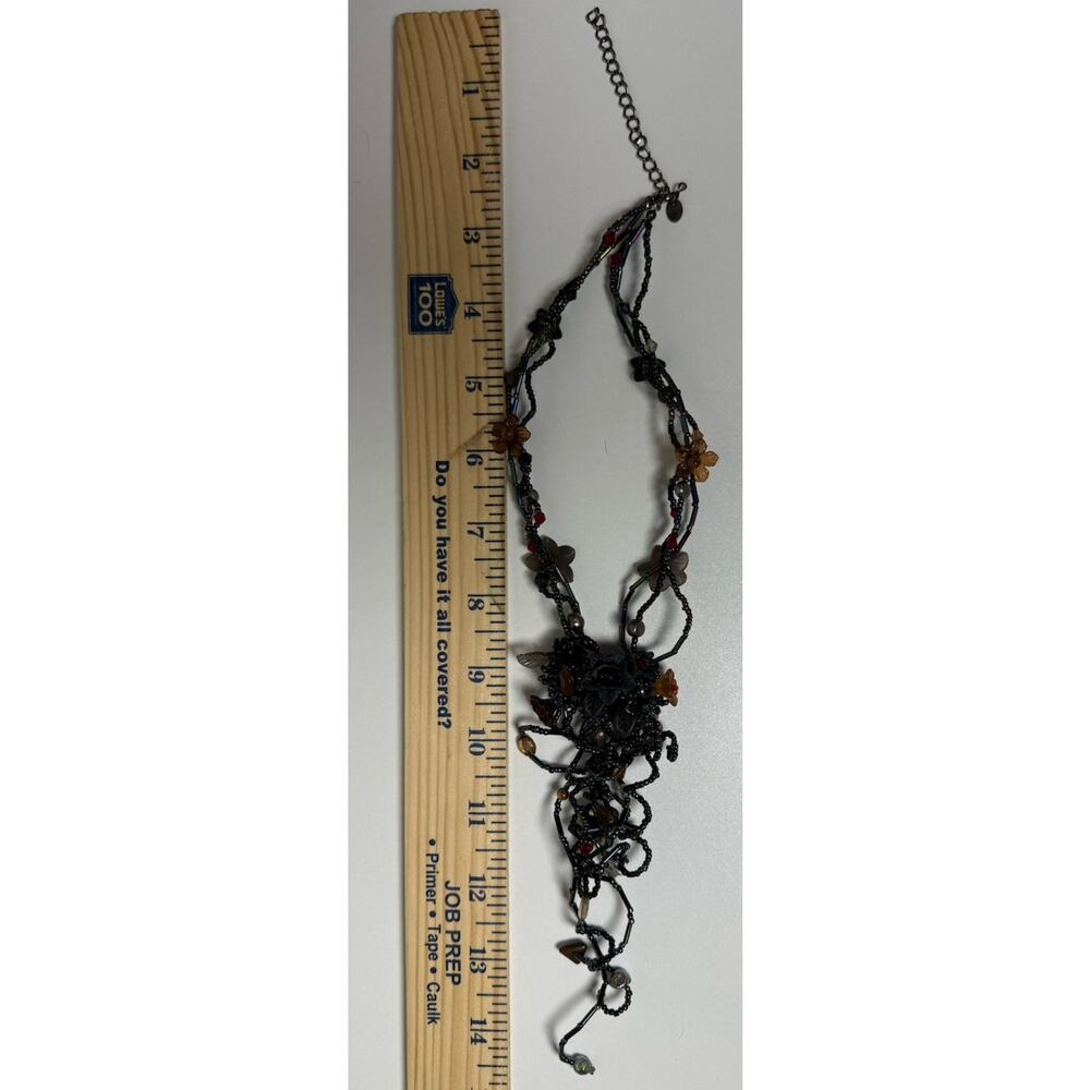 Vintage Artisan Wearable Art Beaded Floral Necklace Gunmetal Boho Gothic - Picture 8 of 8